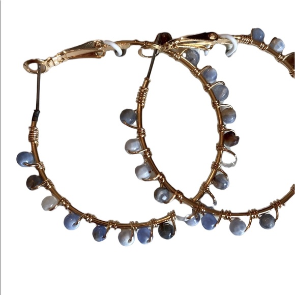 Boho Gold and Blue Stone Hoop Earrings - Picture 3 of 4